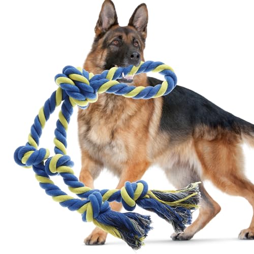 Rope Toy for Dogs，Large Dog Rope Toys for Aggressive Chewers, Heavy Duty Dog Toys for Large Medium Breed, Indestructible Tough Chew Toys Tug of War Dog Toy Cotton Rope for Teeth Cleaning - color: Blue Yellow