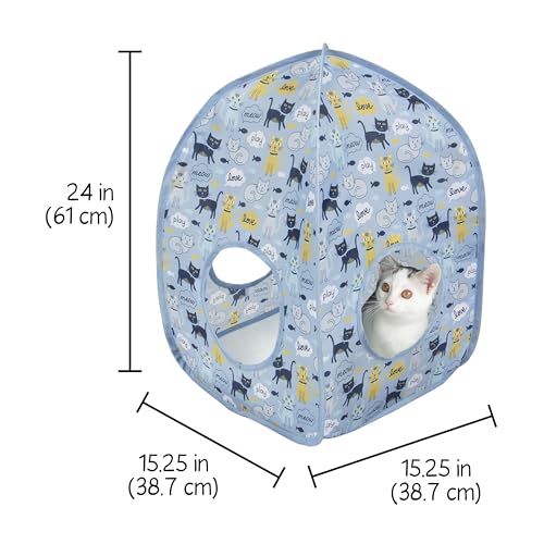 Kitty City Cat Print Pop-Up Cat Play House, Collapsible Indoor Cat Hideout with Peekaboo Openings, Lightweight Foldable Cat Cube for Play & Lounging, Blue - color: I) Cat Print Tent House (Blue)