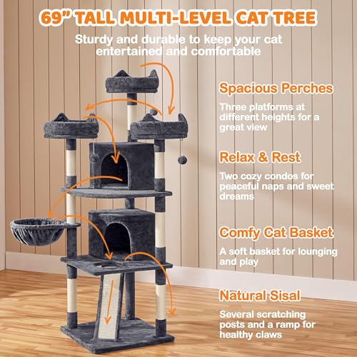 Yaheetech | 68.5in Cat Tree | for Large Cats | Multi-Level Cat Tower with 3 Wide Perches, Large Condo | Stable Pet Play House w/Sisal-Covered Scratching Posts & Board | Dark Gray - color: Dark Gray, size: 68.5in
