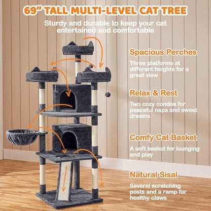 Yaheetech | 68.5in Cat Tree | for Large Cats | Multi-Level Cat Tower with 3 Wide Perches, Large Condo | Stable Pet Play House w/Sisal-Covered Scratching Posts & Board | Dark Gray - color: Dark Gray, size: 68.5in