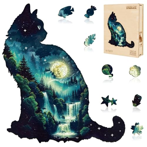 Cat Puzzles Forest Waterfall Nature Landscape Scenery Puzzle Adults Gift for Women Men Cat Lovers Wooden 70 Pieces, Unique Shape Animal Jigsaw Puzzles for Adults Holliday, 8.5 * 7.5in - color: A Under the Starveil, size: Small