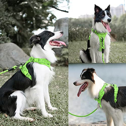 PoyPet No Pull Dog Harness and 5 Feet Leash Set, Release on Neck Reflective Adjustable Pet Vest, Front & Back 2 D-Ring and Soft Padded Pet Harness with Handle for Small to Large Dogs(Green,M) - color: Green, size: Medium
