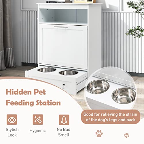 Dog Feeding Station Dogs Food Storage Cabinet Pet Feeder Container with 2 Thick 50oz Stainless Steel Raised Dog Food and Water Bowls, Pet Supply Organizer with Pet Toy Hangers, White - color: White