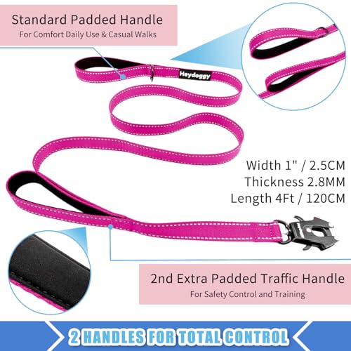 Strong Heavy Duty Dog Leash - 4ft Reflective Nylon Training Leash with Soft Padded Double Handle & Auto Lock Frog Clip - Safety Traffic Control for Large Medium Small Dogs No Pull Walk Hot Pink,4ft - color: Hot Pink, size: 4FT x 1" x 2.8MM