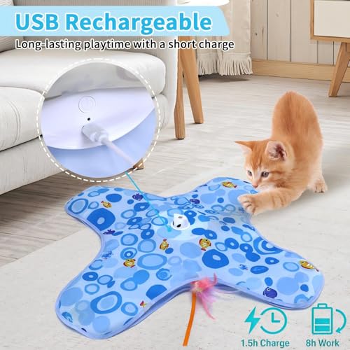 DFQ Interactive Cat Toy for Indoor Cats, Rechargeable Touch-Activated Moving Feather Wand with Concealed Motion, Play Toy for Kittens and Adult Cats (Blue) - color: Blue