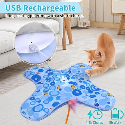 DFQ Interactive Cat Toy for Indoor Cats, Rechargeable Touch-Activated Moving Feather Wand with Concealed Motion, Play Toy for Kittens and Adult Cats (Blue) - color: Blue