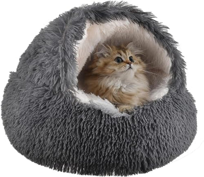 Cat Bed Round Fluffy Hooded Cat Bed Cave, Anti-Anxiety Cave Bed with Hooded Blanket, Cozy Cuddler Luxury Puppy Pet Bed, Anti-Slip Bottom and Machine Washable (Dark Grey, Medium) - color: Dark Grey, size: Medium