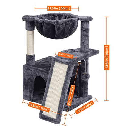 SYANDLVY 23.62" Cat Tree for Indoor Large Cats, Cat Tower with Scratching Posts & Board, Modern Cat Bed Furniture with Condo & Basket (Smoky Grey) - color: Smoky