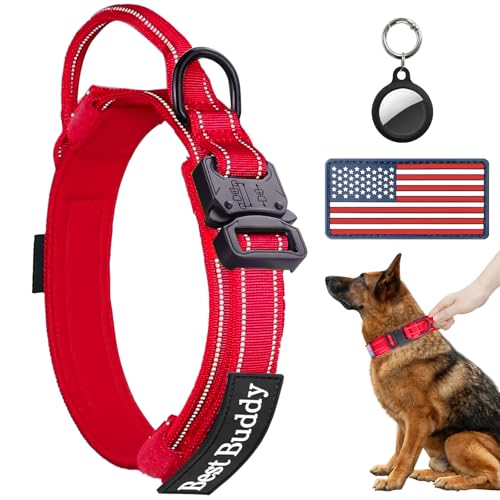 AUBELL Reflective Tactical Dog Collar,Adjustable Military Heavy Duty K9 Collars with Handle and Quick Release Metal Buckle Great for Medium Dogs, with Airtag Case and 2 Patches (Red,M) - color: Red, size: M(13.5"-17")