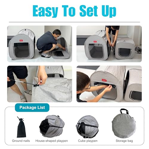 Portable Cat Playpen, Pop-up 2-in-1 Crate Playpen with Litter Box Area for Travel Indoor Outdoor, Foldable Pet Playpen Enclosed for Kitten Puppy Rabbit Hamster Small Animals
