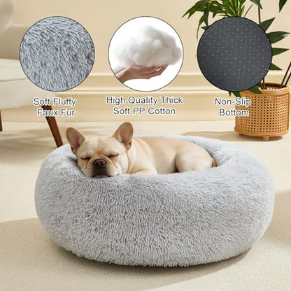 Dog Calming Beds for Small Medium Large Dogs - Round Donut Washable Puppy Dog Bed, Anti-Slip Faux Fur Fluffy Donut Cuddle Anxiety Cat Pet Bed(Light Grey 20") - color: Light Gray, size: 20"L x 20"W x 8"Th