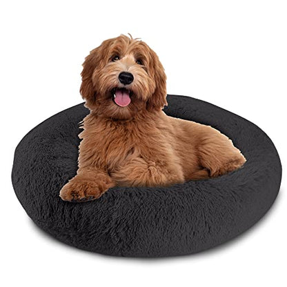 Arlee Donut Round Pet Dog Bed - Memory Foam - Calming Reduce Anxiety - Shaggy Vegan Fur - Assembled USA, Black - color: Black, size: Large