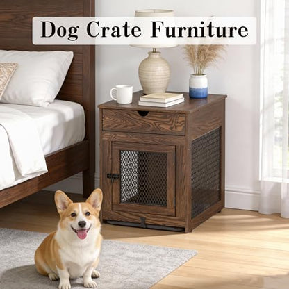 Dog Crate Furniture,Wooden Dog Crate End Table with Storage Drawer&Cushion&Tray, QC3.0 Wireless Charging,Dual USB,Small Dogs Rustic Style - color: Rustic Brown, size: 25.0"L x 19.0"W x 24.0"H