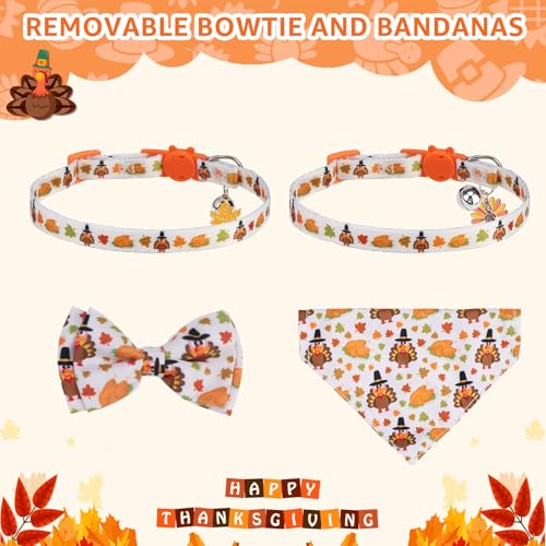 SCENEREAL Fall Thanksgiving Cat Bandana Collar with Bell Bowtie - 2 Pack Breakaway Kitten Collars, Adjustable Cute Pet Accessories for Cats and Small Dogs - color: Bandanas & Bow (Thanksgiving Print)