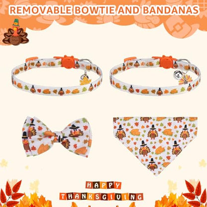 SCENEREAL Fall Thanksgiving Cat Bandana Collar with Bell Bowtie - 2 Pack Breakaway Kitten Collars, Adjustable Cute Pet Accessories for Cats and Small Dogs - color: Bandanas & Bow (Thanksgiving Print)