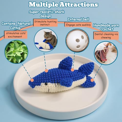 Catnip Fish Toy - Hand-Crocheted with Real Catnip & Bell, Interactive Kicker Toy for Cats Kitten, Soft & Safe for Biting - color: Shark