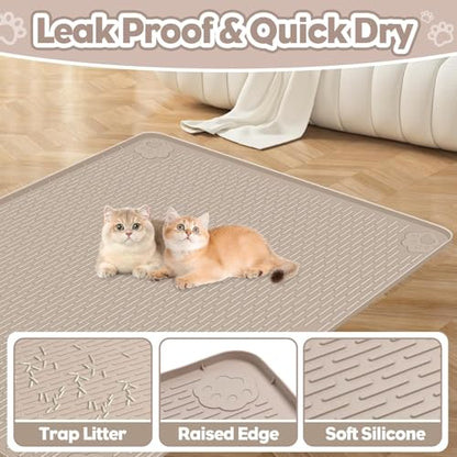 Kalolary Cat Litter Mats, 40" x 28" Extra Large Silicone Cat Mat for Litter Box, Easy to Clean Kitty Litter Trapping Mat, Soft on Kitty Paws, Waterproof, Urine-Proof Kittys Litter Mats for Floor,Khaki - color: Khaki: 101x71cm