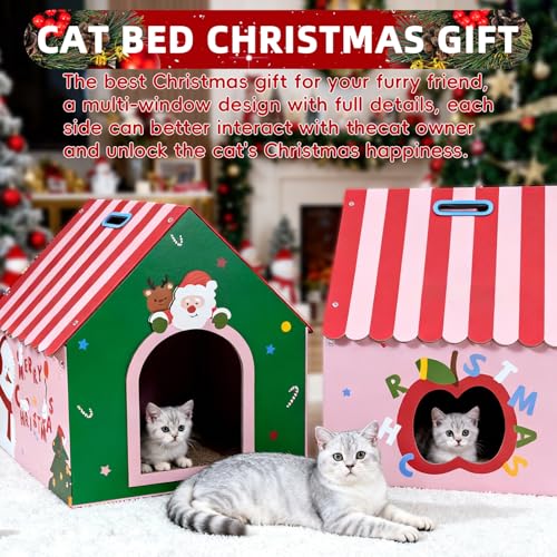 WUGO Cute Cat Scratcher House Cardboard Cat House with 2pcs Scratching Pad 16.5"x16"x17" Reversible Cute Cat House Decorations Scratcher for Kitty Play House for Indoor Cats’ Birthday Cats Red