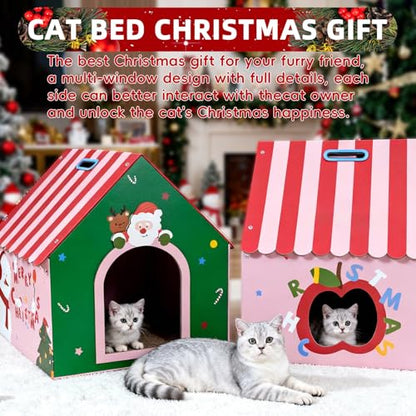 WUGO Cute Cat Scratcher House Cardboard Cat House with 2pcs Scratching Pad 16.5"x16"x17" Reversible Cute Cat House Decorations Scratcher for Kitty Play House for Indoor Cats’ Birthday Cats Red