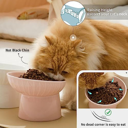 6.5 Inch Extra Wide Ceramic Raised Cat Bowls, Porcelain Tilted Elevated Cat Food Water Bowl Dish, Stress Free Pet Feeder Dishes for Cats & Small Dogs, Whisker Fatigue, White & Pink - color: White & Pink