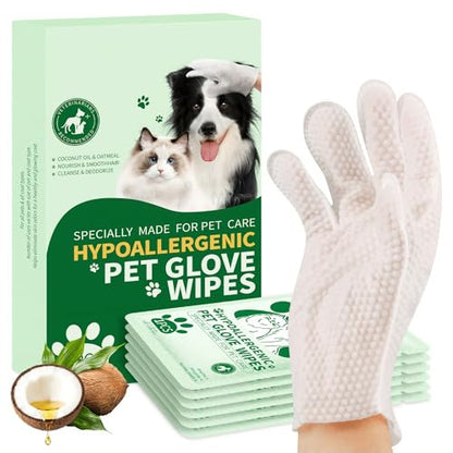 GLADFRESIT Pet Grooming Glove Wipes for Dogs & Cats, Hypoallergenic Deodorizing Cleansing Wipes with Coconut Oil & Botanical Extracts, Daily & Outdoor Care, 60g Portable and Lightweight (6 Pcs) - size: 6 PCS