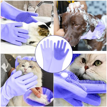 Pet Grooming Gloves with High-Density Teeth, Silicone Five Finger Design for Washing, Massaging Dogs and Cats (Purple) - color: Purple