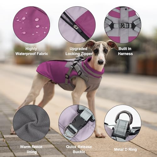 Cozy Dog Jacket, Padded Fleece Dog Vest with Built-in Harness, 100% Waterproof Reflective Snow Pet Coat Clothes with Zipper, Purple, L - color: Purple, size: Large