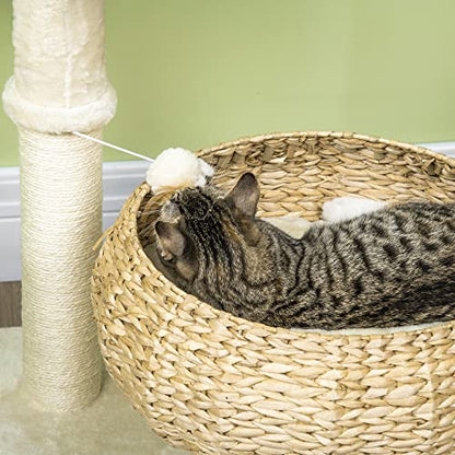 PawHut 28" Elevated Cat Bed with Sisal Scratching Post for Indoor Kitties, Modern Cat Tree with Cute Basket Design, Small Cat Tree with Fun Ball Toy