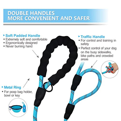 Dog Leash Heavy Duty 6ft, Double Handle Dog Leash with Padded Handle for Traffic Control, Reflective Rope Leashes for Large and Medium Dogs Night Control Safety Training (Baby Blue) - color: Baby Blue (25 to 120 lbs)