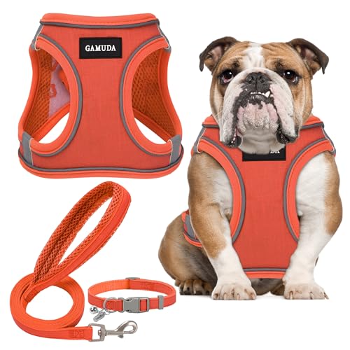 Small Pet Harness Collar and Leash Set, Step in No Chock No Pull Linen Fabric Soft Mesh Dog Vest Harnesses Reflective for Dogs Puppy Cats Kitten Rabbit (Orange, L) - color: Orange, size: Large
