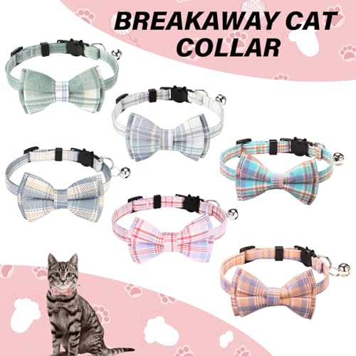 Ngdhkd 6 Pcs Cat Collar Breakaway with Bow Tie and Bell Kitten Collars Removable Bowtie Plaid Cat Collar for Cats Kittens Puppy (Sweet) - style: Sweet