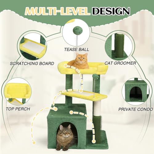 Outvita Cat Tree 27.5in Small Cat Tower, Multi-Level Cat Tree Tower with Cat Scratching Post and Pad, Cozy Cat Condo, Padded Top Bed for Kittens and Indoor Cats, Yellow & Green - size: 27.5" Yellow & Green