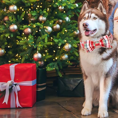 DOGWONG Christmas Dog Collar with Bow Tie - Christmas Red Plaid Puppy Collar, Adjustable Red Checkered Dog Collars for Girl Boy Dogs, S - color: A- red plaid, size: S