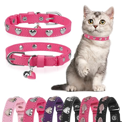 Leather Cat Collars for Boy Girl Cats with Bell and Safety Elastic Belt, Personalized Love and Fish Stud Adjustable Safe Buckle Collar for Kitty Small Big Cats Size 8-11 Inch, Rose - color: Rosa_Love Heart, size: 8"-11" Cats / Mini Dogs(Pack of 1)