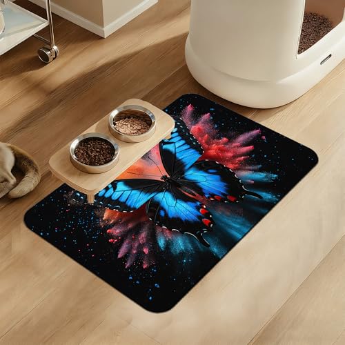 Blue Butterfly on Blooming Pet Feeding Mat– Quick Dry Absorbent Dog Cat Food Mat, Non Slip Waterproof Bowl Placemat for Messy Eaters, Pet Accessories for Floors 12"x20" - color: Blue Butterfly on Blooming, size: 12"L x 20"W