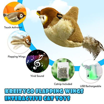 Cat Toys, Flapping Wings Sparrow, No Flying, Chirping Bird Interactive Catnip Toy for Kitten or Small Dogs, Touch Activated, Rechargeable - color: Sparrow
