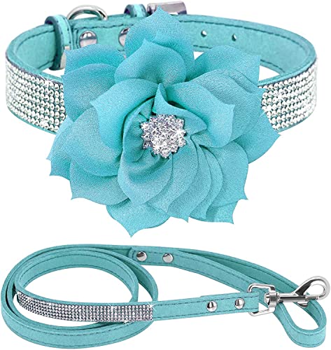 Rhinestone Bling Leather Dog Collar and Leash Set, Cute Dazzling Sparkling Soft Velvet Dog Cat Collar Crystal Diamond Puppy Collar (XS, Light Blue) - color: Light Blue, size: XS