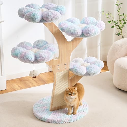 797Audio Flower Cat Tree, 48" Wood Branch Cat Tower, Cloud Cat Tree with Scratching Post for Indoor Adult Cats, Luxury Cat Tree with Cozy Perches & Interactive Squeaky Hanging Toy-Blue - color: Blue, size: 48"