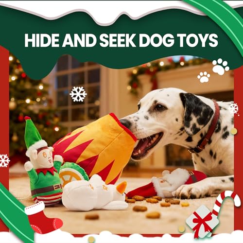 Nocciola Christmas Squeaky Dog Toys 4PCS, Interactive Hide and Seek Dog Toys Christmas Theme- Santa/Snowman/Elf in Cannon Toys Plush, Crinkle Dog Chew Toys for Large Medium Small Dogs - style: Christmas Cannon