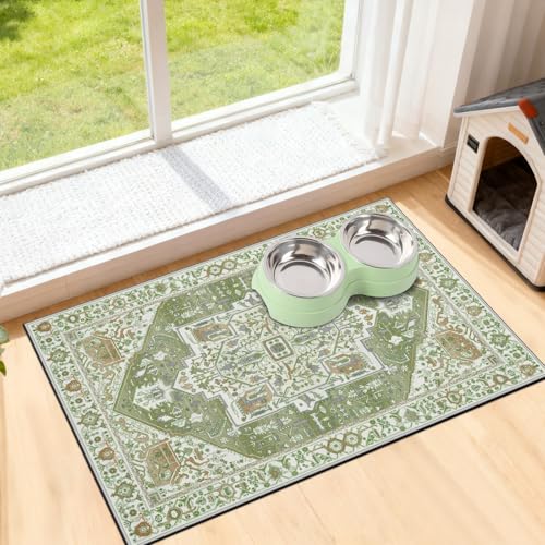 famibay Dog Food Mat, Absorbent Cat Dog Mats for Food and Water, No Stains Quick Dry Pet Cat Bowl Mats with Non Slip Backing, Boho Pet Feeding Mat for Floor Waterproof 12"x20" - color: Vintage Green, size: S(12"×20")