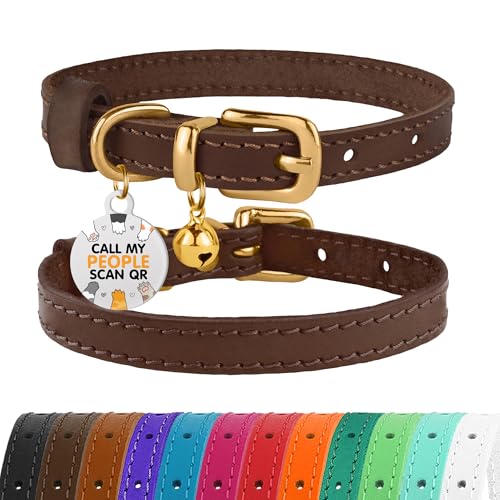 Leather Cat Collar with Removable Bells Non Breakaway Kitten QR Tag for Girl Boy (7" - 9" for Cats, Dark Brown & Gold) - color: Dark Brown & Gold, size: 7 - 9 inch