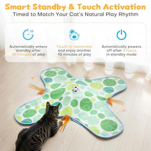Interactive Cat Toys for Indoor Cats, Hide and Seek Cat Toy, 2 in 1 Automatic Moving Concealed Feathers Cat Toy Mat, Non-Slip Suction, Touch Activated, USB Rechargeable, Green - color: Green