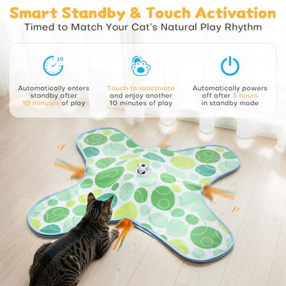 Interactive Cat Toys for Indoor Cats, Hide and Seek Cat Toy, 2 in 1 Automatic Moving Concealed Feathers Cat Toy Mat, Non-Slip Suction, Touch Activated, USB Rechargeable, Green - color: Green