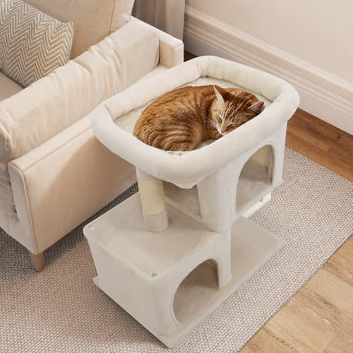Tangkula Small Cat Tree for Indoor Cats, 25.5 Inch Cat Tower with Sisal Scratching Posts, 2 Large Cat Condos with Padded Top Perch, Modern Cat Climbing Furniture for Adult Cats & Kittens (Beige) - color: Beige