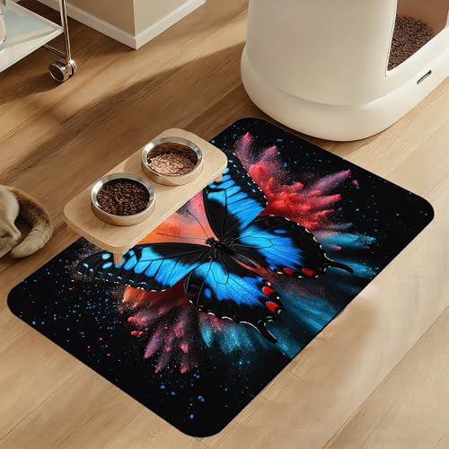 Blue Butterfly on Blooming Pet Feeding Mat–Quick Dry Absorbent Dog Cat Food Mat, Non Slip Waterproof Bowl Placemat for Messy Eaters, Pet Accessories for Floors 16"x24" - color: Blue Butterfly on Blooming, size: 16"L x 24"W