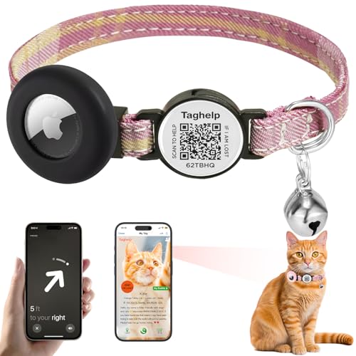 Grid Cloth Breakaway Cat Collar with smart ID tag with AirTag Holder and Bell, Light, Adjustable,AirTag, Integrated Air Tag Cat Collar for Apple.Tracker for Girl Boy Cats Kittens (Purplish red) - color: Purplish red