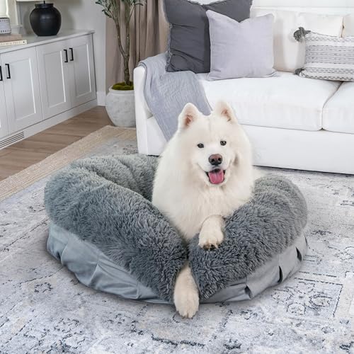 Best Friends by Sheri Ultra Calming Pouf Bed, Orthopedic Round Dog Bed for Joint Support, Faux Fur, Washable Cover, Tan, Large, 36"x36" - color: Gray, style: Large