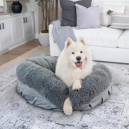Best Friends by Sheri Ultra Calming Pouf Bed, Orthopedic Round Dog Bed for Joint Support, Faux Fur, Washable Cover, Tan, Large, 36"x36" - color: Gray, style: Large