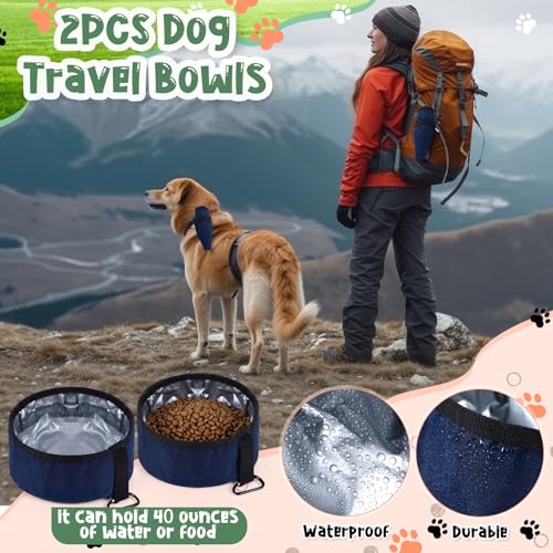 4 Pcs Dog Camping Essentials Set Include 1 Pack 39.4 x 29.5 Inch Foldable Dog Bed 2 Pcs Portable Collapsible Dogs Bowls 1 Pack 50 ft Heavy Duty Pet Tie Out Cable for Camping Travel Outdoor Activities