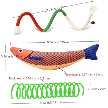 Interactive Cat Toy Set, 6-Pack Catnip Saury Fish & Springs for Indoor Cats, Kitten Chew Rope Bundles, Boredom Relief & Active Play